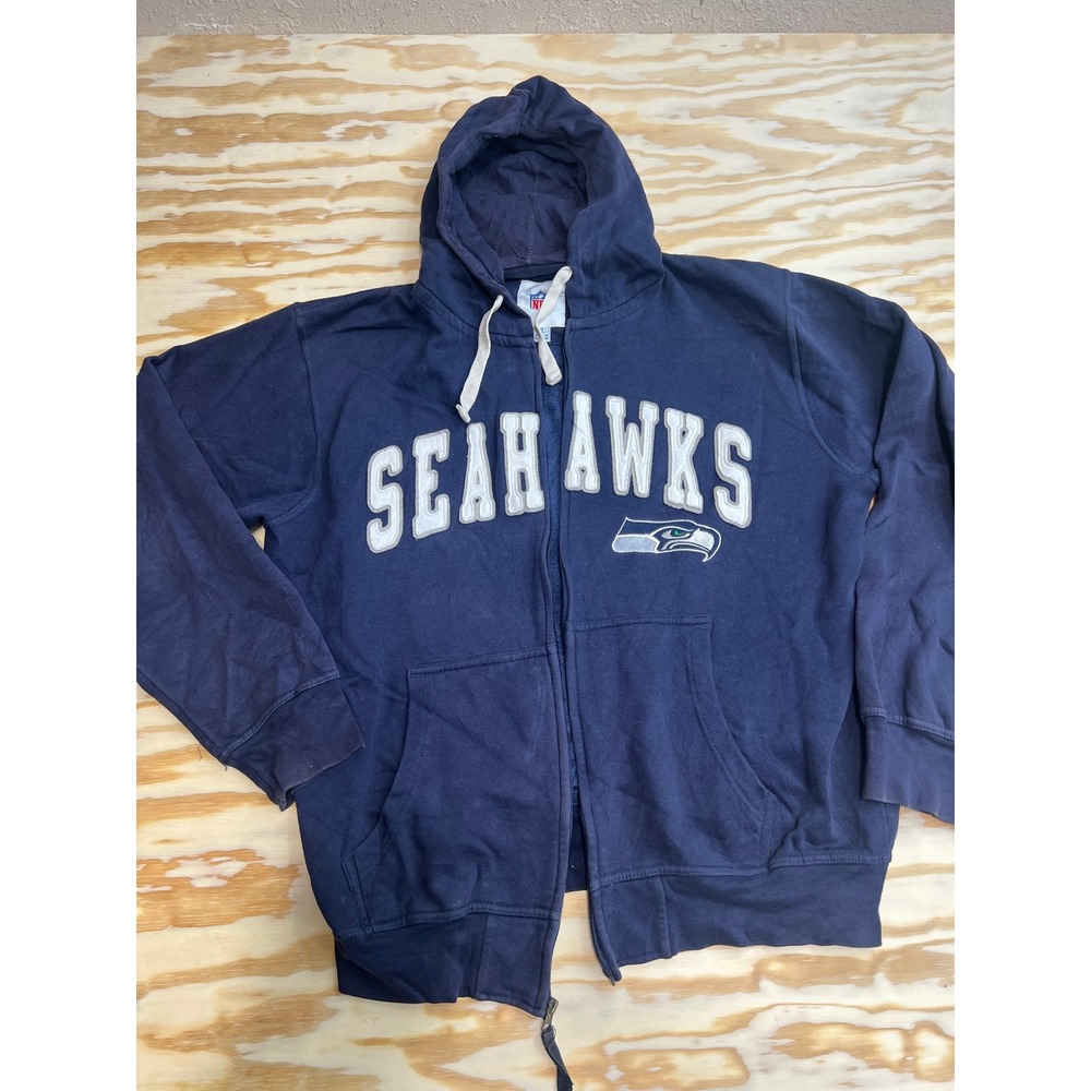 NFL Seattle Seahawks Zip Up Hoodie Navy Blue Spellout Logo Fleece Sweatshirt XL